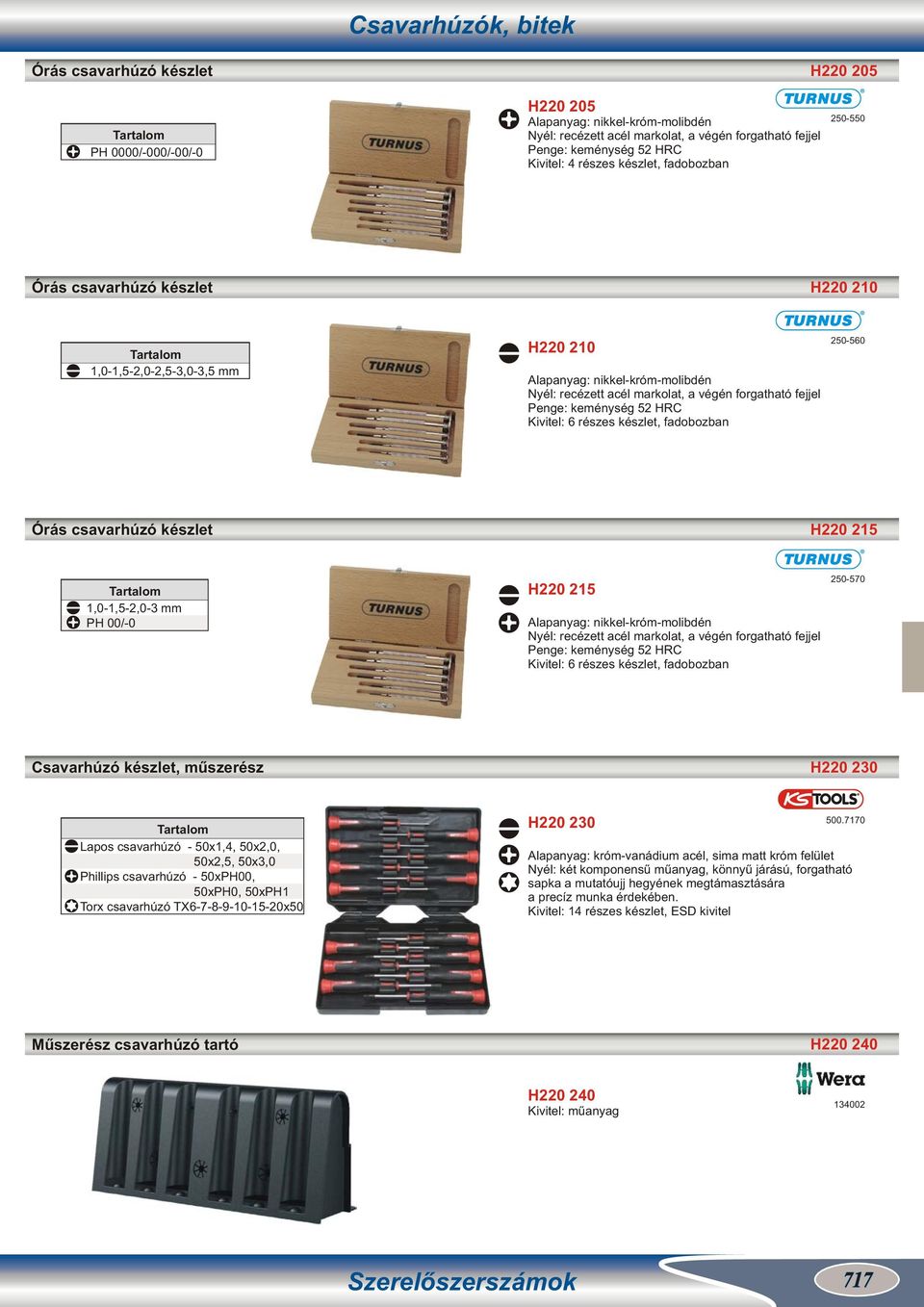 HRC Kivitel: 6 részes készlet, fadobozban 0-560 Órás csavarhúzó készlet H220 215 1,0-1,5-2,0-3 PH 00/-0 H220 215 Alapanyag: nikkel-króm-molibdén Nyél: recézett acél markolat, a végén forgatható