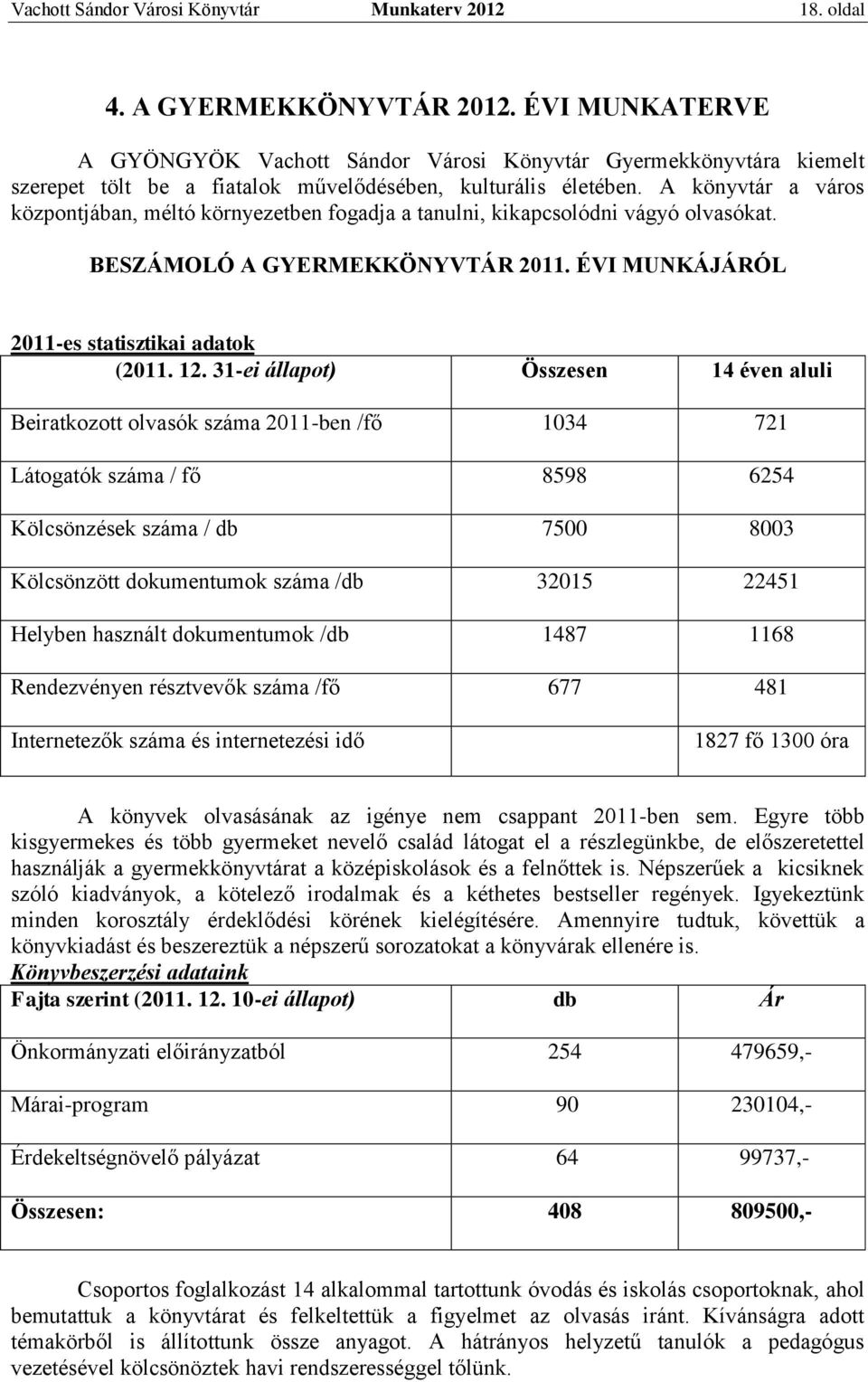 A könyvtár a város központjában, méltó környezetben fogadja a tanulni, kikapcsolódni vágyó olvasókat. BESZÁMOLÓ A GYERMEKKÖNYVTÁR 2011. ÉVI MUNKÁJÁRÓL 2011-es statisztikai adatok (2011. 12.