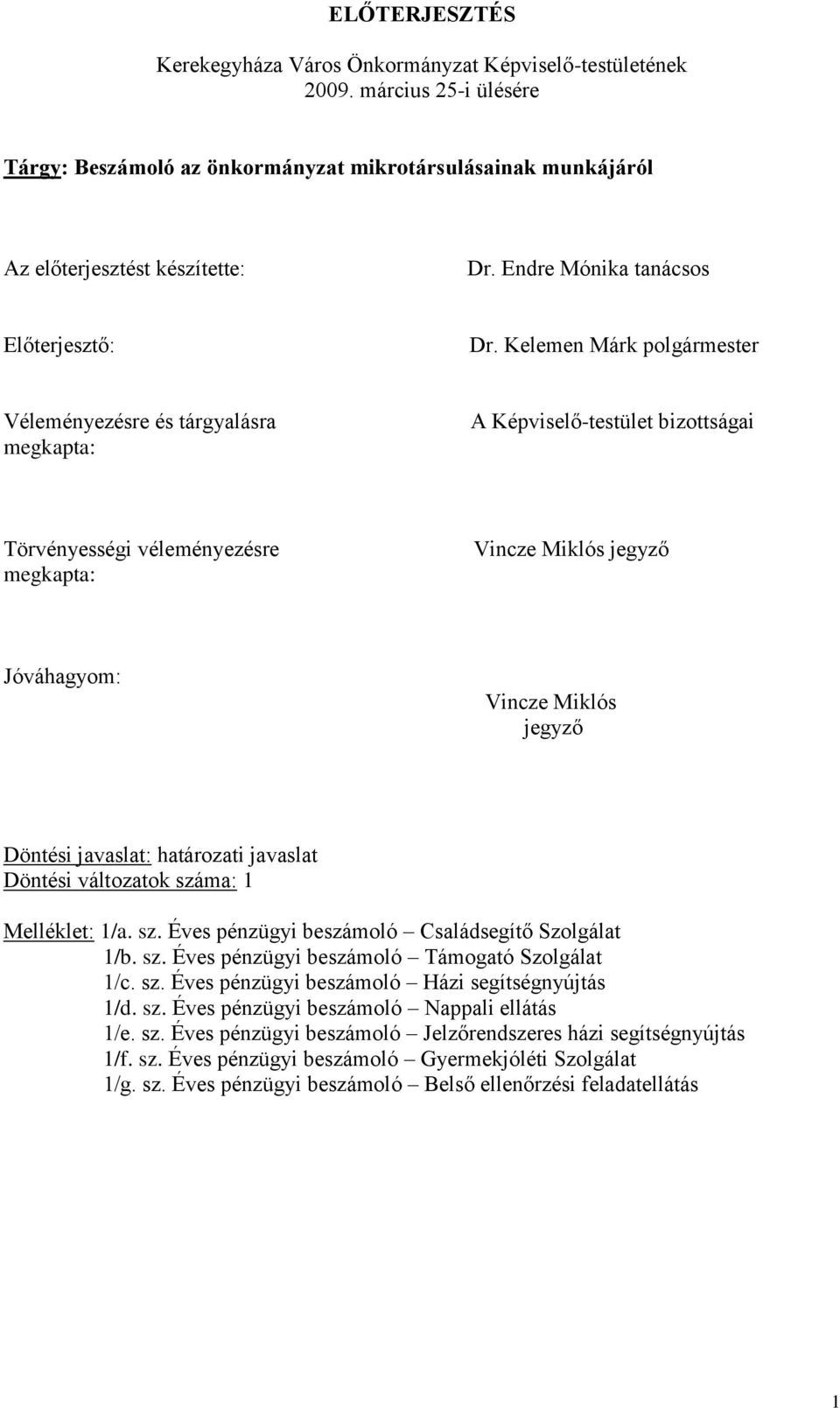 Kelemen Márk polgármester Véleményezésre és tárgyalásra megkapta: A Képviselő-testület bizottságai Törvényességi véleményezésre megkapta: Vincze Miklós jegyző Jóváhagyom: Vincze Miklós jegyző Döntési