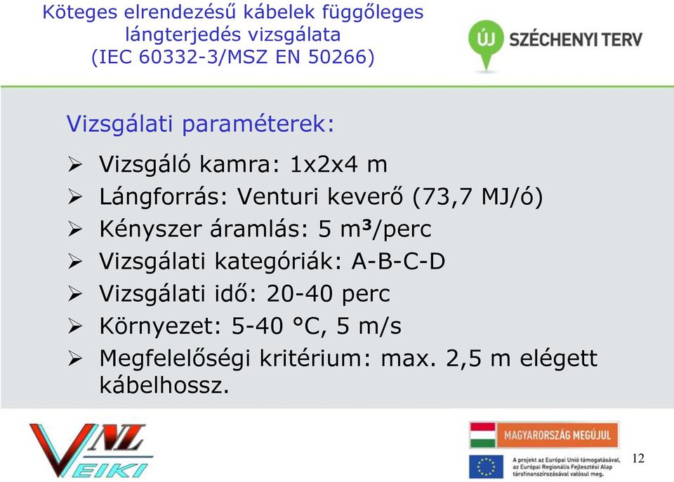 (73,7 MJ/ó) Kényszer áramlás: 5 m 3 /perc Vizsgálati kategóriák: A-B-C-D Vizsgálati