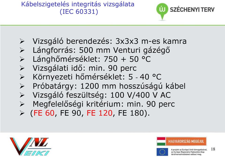 90 perc Környezeti hőmérséklet: 5-40 C Próbatárgy: 1200 mm hosszúságú kábel Vizsgáló