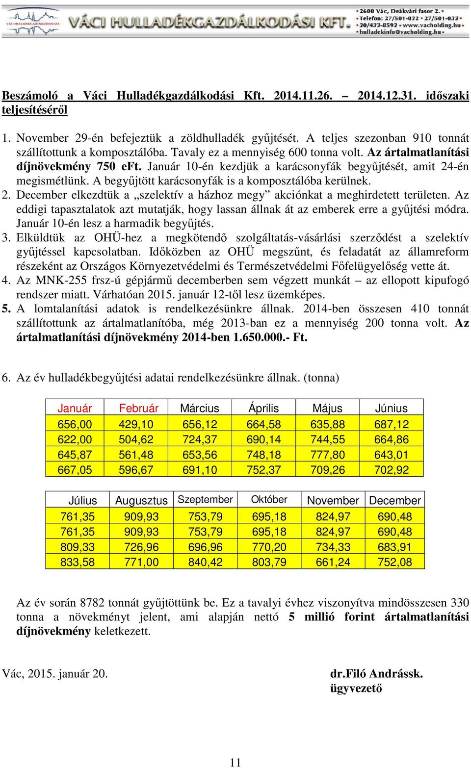 Január 10-én kezdjük a karácsonyfák begyűjtését, amit 24-én megismétlünk. A begyűjtött karácsonyfák is a komposztálóba kerülnek. 2. December elkezdtük a szelektív a házhoz megy akciónkat a meghirdetett területen.