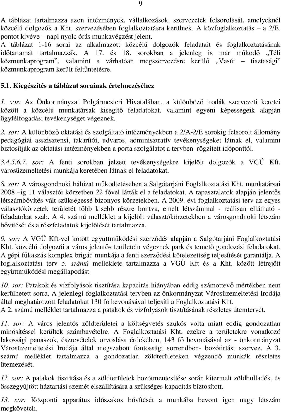 sorokban a jelenleg is már mőködı Téli közmunkaprogram, valamint a várhatóan megszervezésre kerülı Vasút tisztasági közmunkaprogram került feltőntetésre. 5.1.