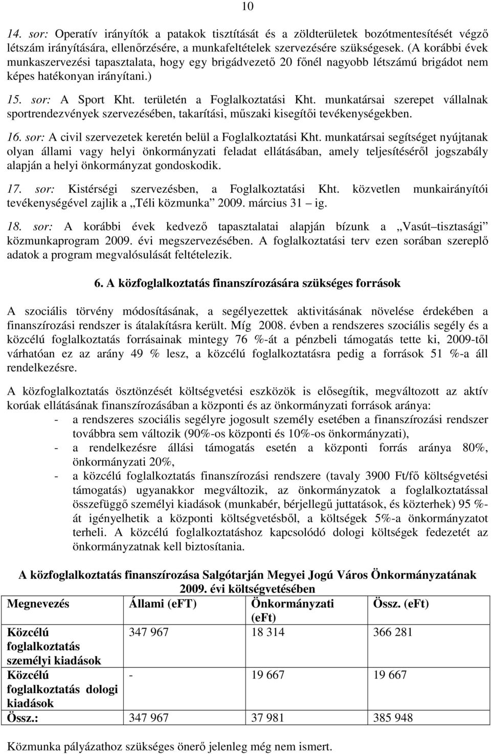 munkatársai szerepet vállalnak sportrendezvények szervezésében, takarítási, mőszaki kisegítıi tevékenységekben. 16. sor: A civil szervezetek keretén belül a Foglalkoztatási Kht.