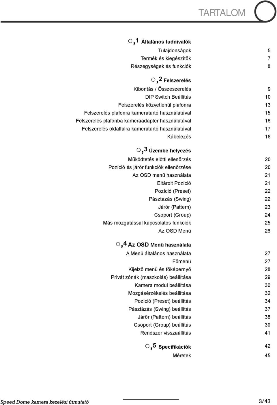 elötti ellenőrzés 20 Pozíció és járőr funkciók ellenőrzése 20 Az OSD menű használata 21 Eltárolt Pozíció 21 Pozíció (Preset) 22 Pásztázás (Swing) 22 Járőr (Pattern) 23 Csoport (Group) 24 Más