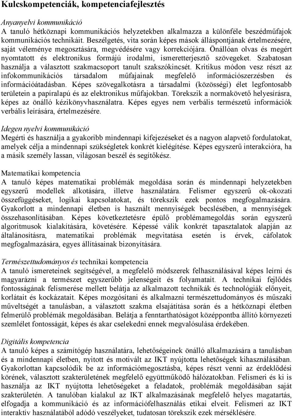 Önállóan olvas és megért nyomtatott és elektronikus formájú irodalmi, ismeretterjesztő szövegeket. Szabatosan használja a választott szakmacsoport tanult szakszókincsét.