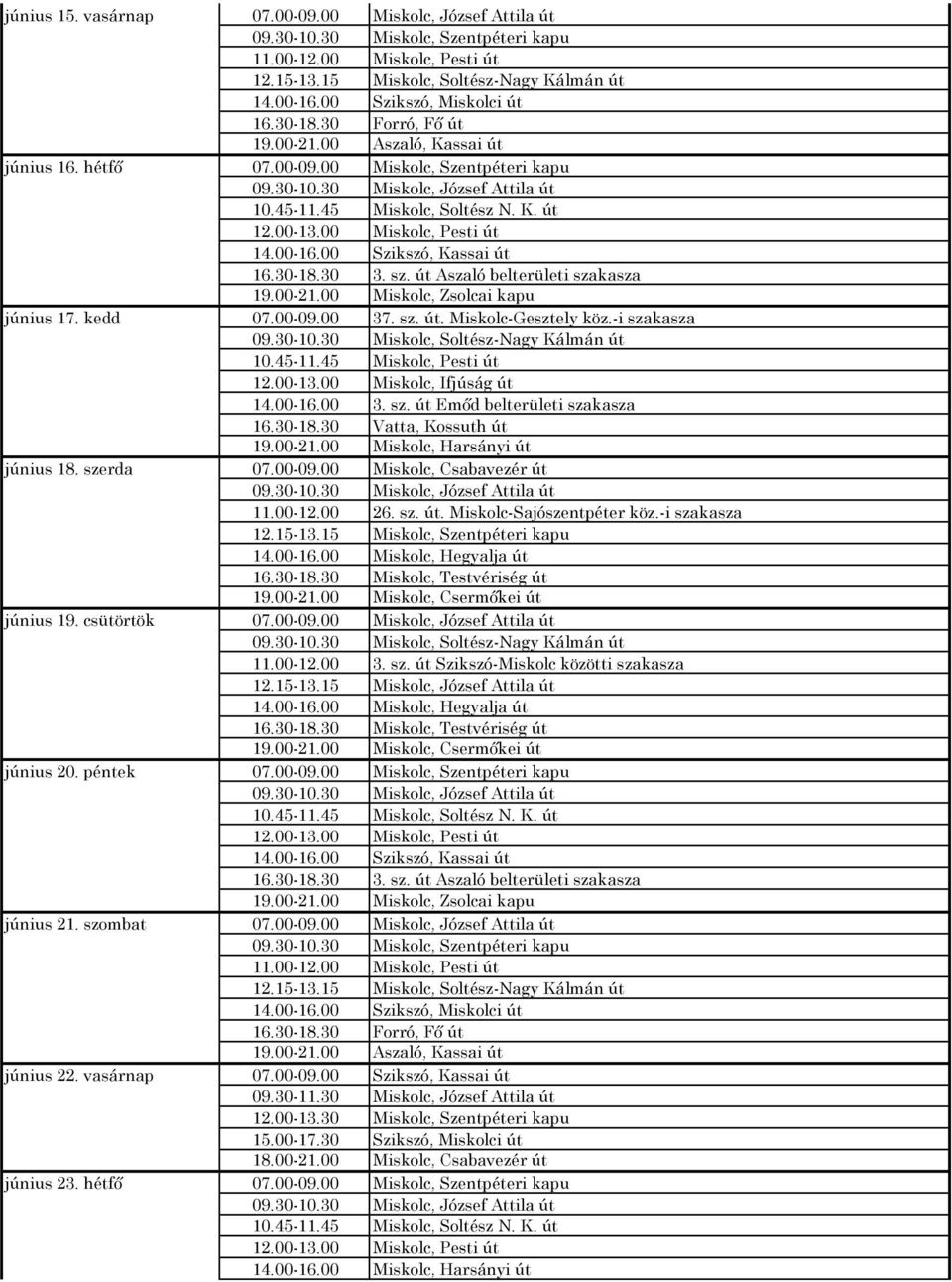 45 Miskolc, Soltész N. K. út 12.00-13.00 Miskolc, Pesti út 14.00-16.00 Szikszó, Kassai út 16.30-18.30 3. sz. út Aszaló belterületi szakasza 19.00-21.00 Miskolc, Zsolcai kapu június 17. kedd 07.00-09.