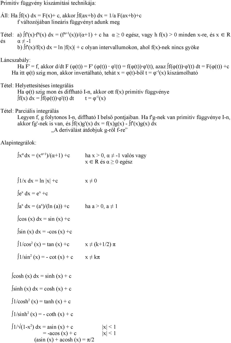 f(φ(t)) φ'(t), azaz f(φ(t)) φ'(t) dt = F(φ(t)) +c Ha itt φ(t) szig mon, akkor invertálható, tehát x = φ(t)-ből t = φ -1 (x) kiszámolható Tétel: Helyettesítéses integrálás Ha φ(t) szig mon és diffható