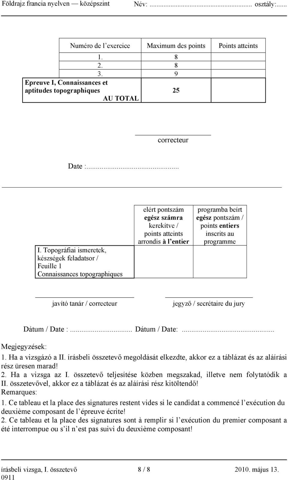 Topográfiai ismeretek, készségek feladatsor / Feuille 1 Connaissances topographiques elért pontszám egész számra kerekítve / points atteints arrondis à l entier programba beírt egész pontszám /