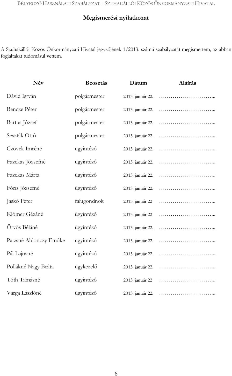január 22.... Fazekas Józsefné ügyintéző 2013. január 22.... Fazekas Márta ügyintéző 2013. január 22.... Fóris Józsefné ügyintéző 2013. január 22.... Jaskó Péter falugondnok 2013. január 22... Klómer Gézáné ügyintéző 2013.