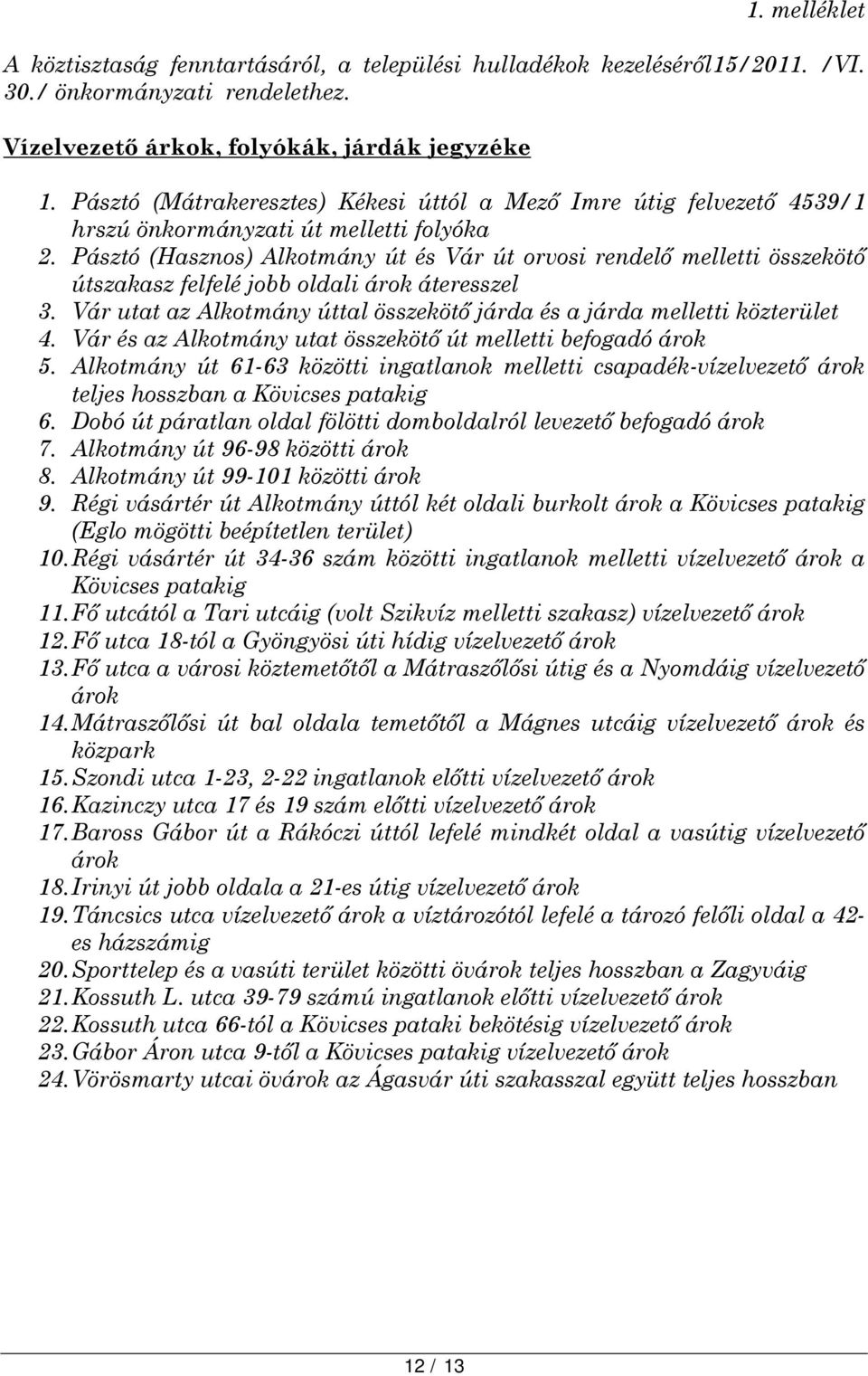 Pásztó (Hasznos) Alkotmány út és Vár út orvosi rendelő melletti összekötő útszakasz felfelé jobb oldali árok áteresszel 3. Vár utat az Alkotmány úttal összekötő járda és a járda melletti közterület 4.