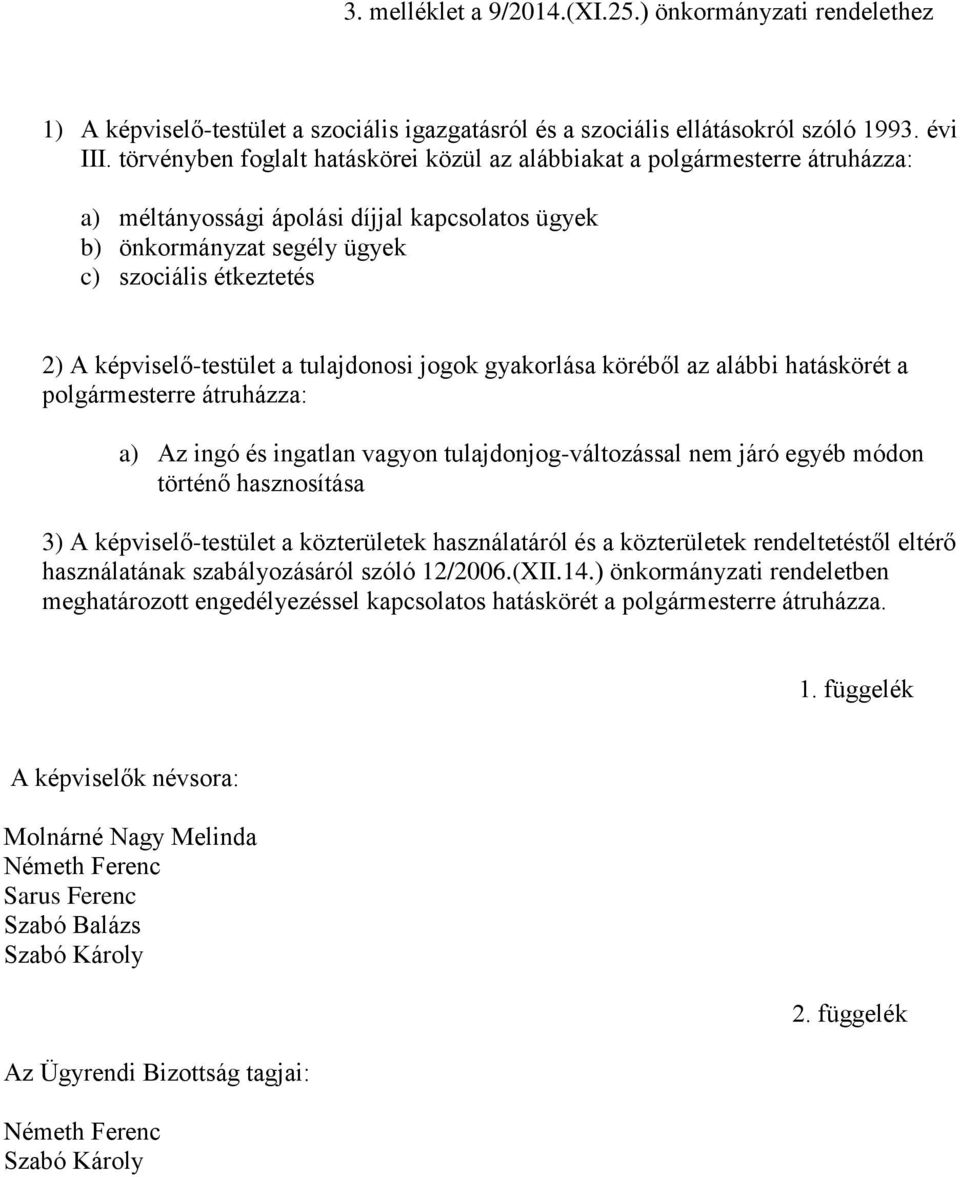 képviselő-testület a tulajdonosi jogok gyakorlása köréből az alábbi hatáskörét a polgármesterre átruházza: a) Az ingó és ingatlan vagyon tulajdonjog-változással nem járó egyéb módon történő