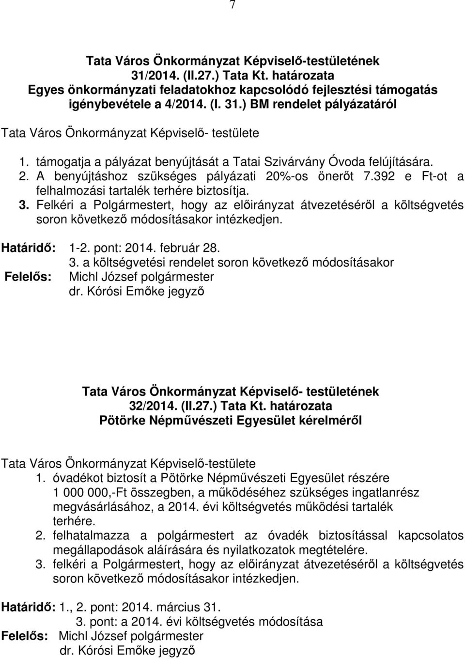 Felkéri a Polgármestert, hogy az előirányzat átvezetéséről a költségvetés soron következő módosításakor intézkedjen. Határidő: 1-2. pont: 2014. február 28. 3.