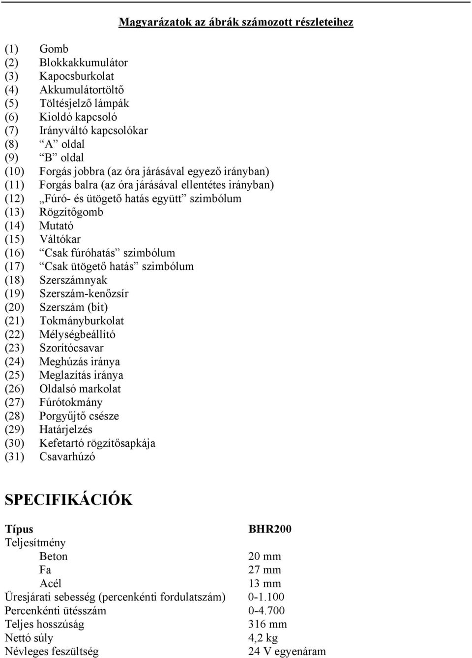 (15) Váltókar (16) Csak fúróhatás szimbólum (17) Csak ütögető hatás szimbólum (18) Szerszámnyak (19) Szerszám-kenőzsír (20) Szerszám (bit) (21) Tokmányburkolat (22) Mélységbeállító (23) Szorítócsavar