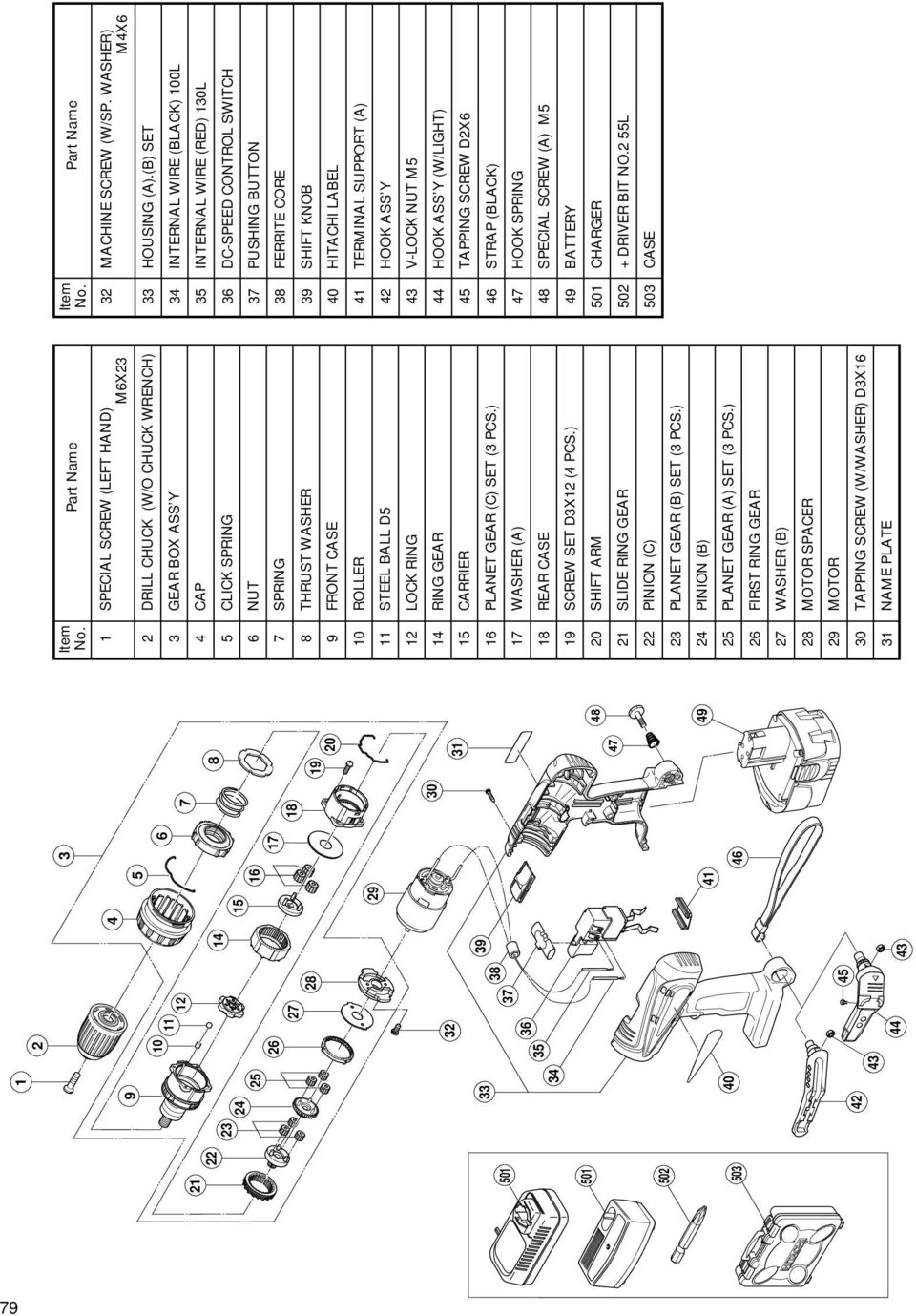 ASS Y (W/LIGHT) TAPPING SCREW DX6 6 STRAP (BLACK) 7 HOOK SPRING 8 SPECIAL SCREW (A) M 9 BATTERY 01 CHARGER 0 + DRIVER BIT NO. L 0 CASE Item No.