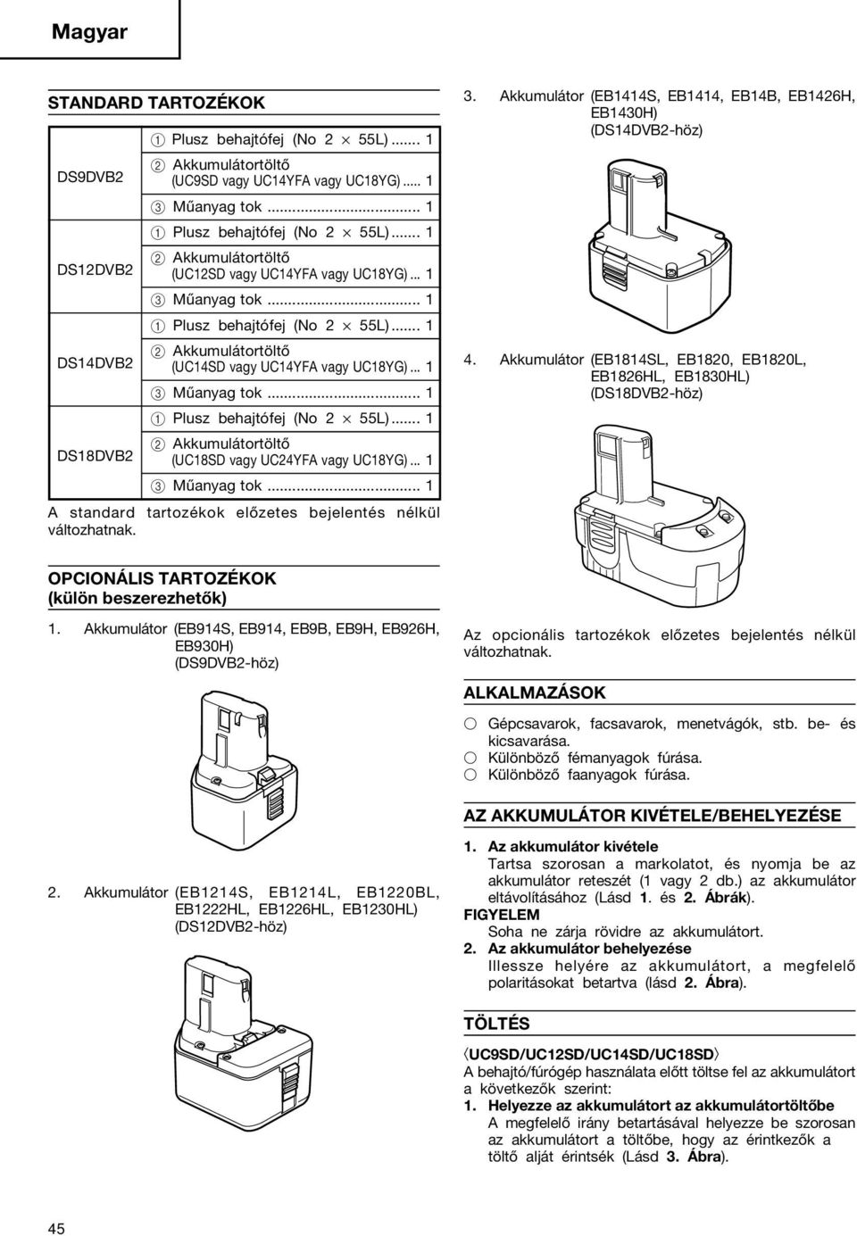 .. 1 Műanyag tok... 1 A standard tartozékok előzetes bejelentés nélkül változhatnak.. Akkumulátor (EB11S, EB11, EB1B, EB16H, EB10H) (DS1DVB-höz).