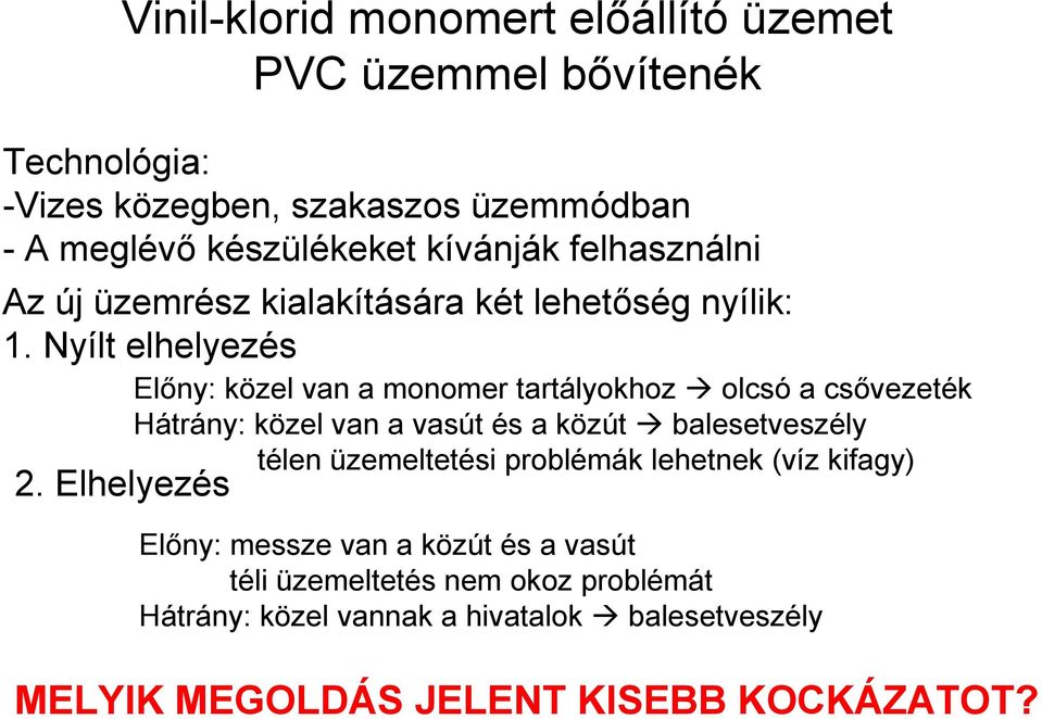 Nyílt elhelyezés Előny: közel van a monomer tartályokhoz olcsó a csővezeték Hátrány: közel van a vasút és a közút balesetveszély télen