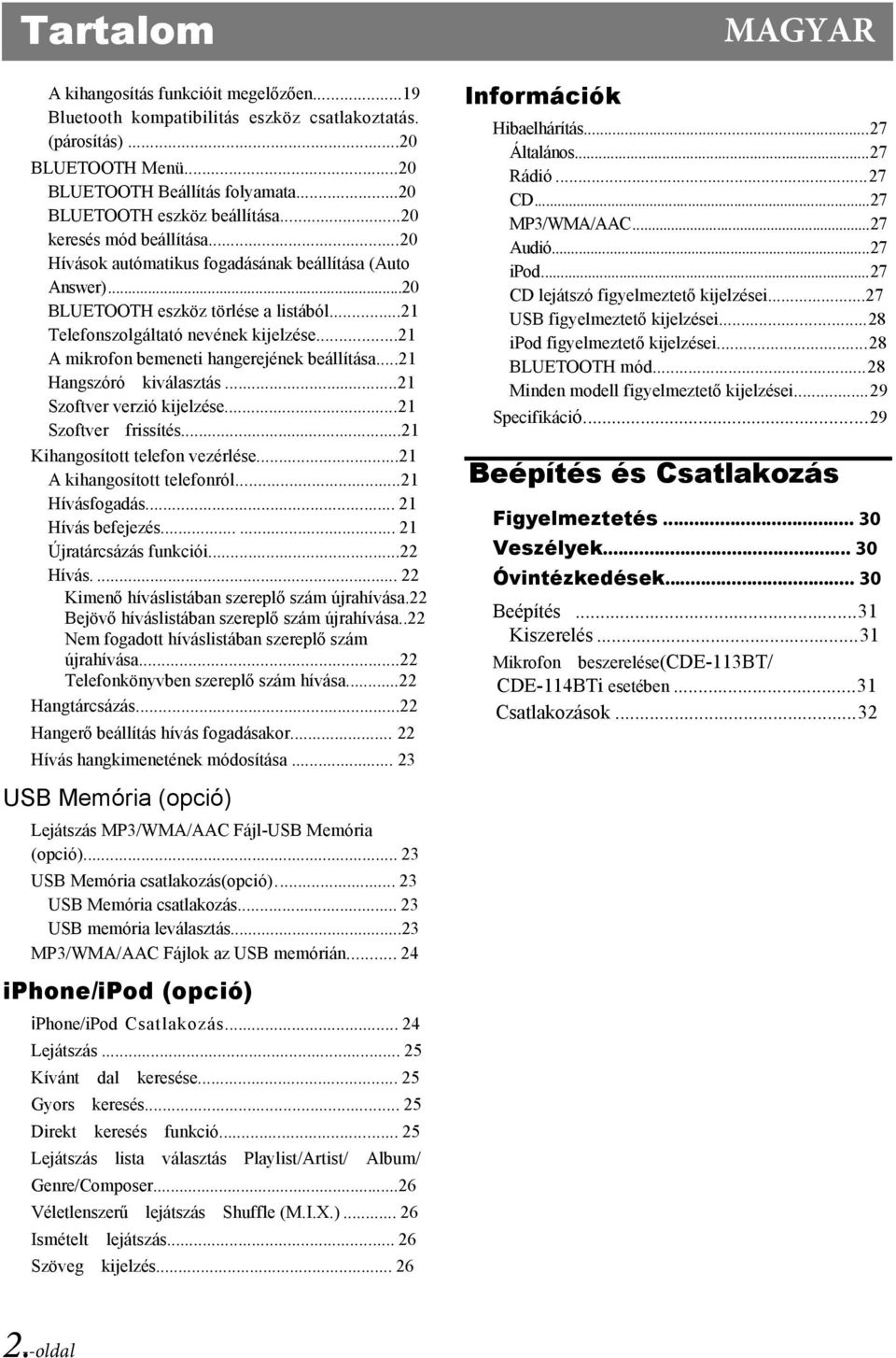 ..21 Telefonszolgáltató nevének kijelzése...21 A mikrofon bemeneti hangerejének beállítása...21 Hangszóró kiválasztás...21 Szoftver verzió kijelzése...21 Szoftver frissítés.