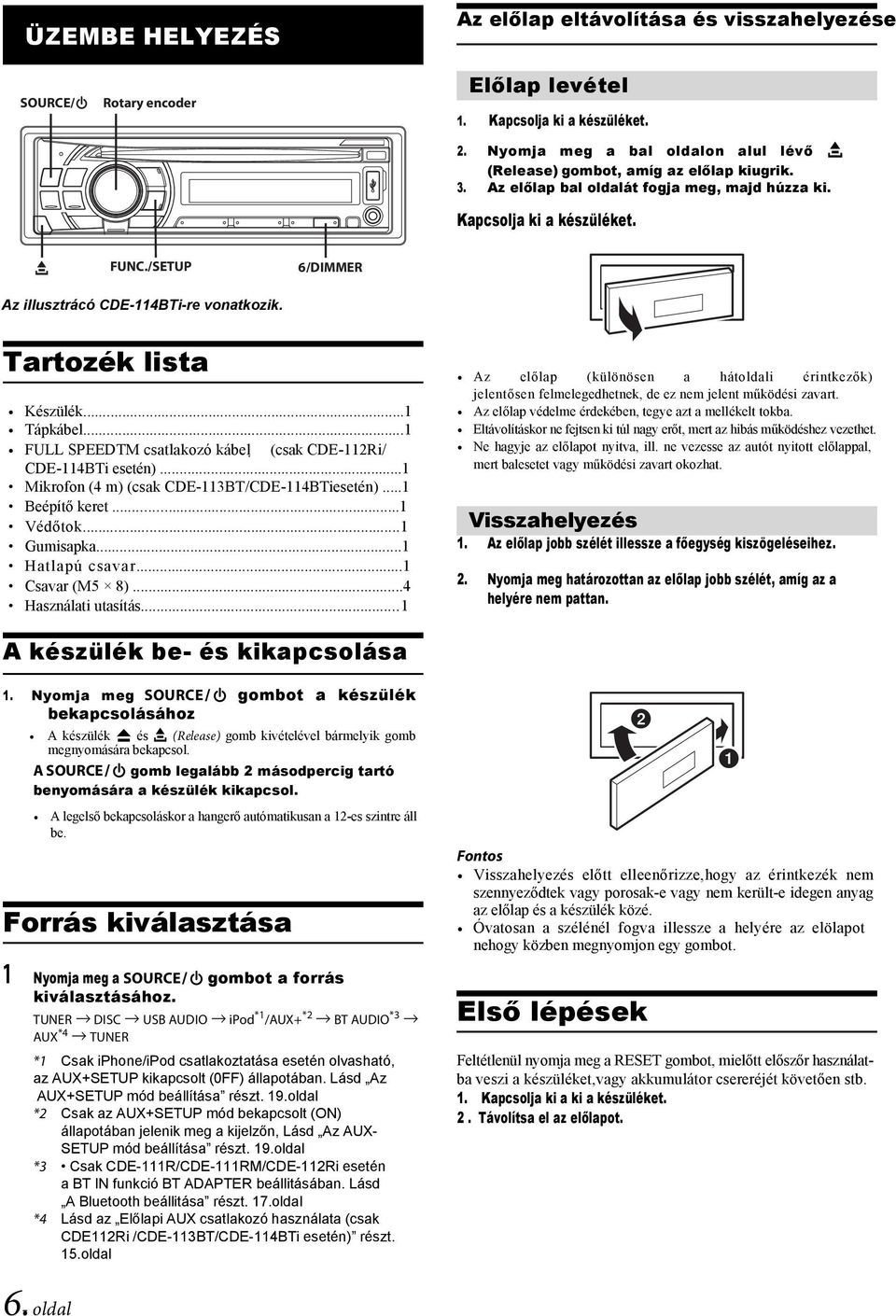 /SETUP 6/DIMMER Az illusztrácó CDE-114BTi-re vonatkozik. Tartozék lista Készülék...1 Tápkábel...1 FULL SPEEDTM csatlakozó kábel (csak CDE-112Ri/ CDE-114BTi esetén).