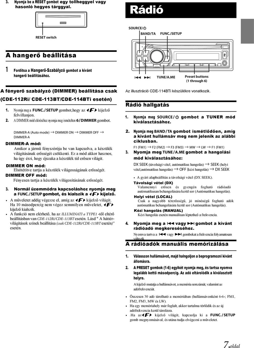 ME Preset buttons (1 through 6) A fényerő szabályzó (DIMMER) beállítása csak (CDE-112Ri/ CDE-113BT/CDE-114BTi esetén) 1. Nyomja meg a FUNC. SETUP gombot,hogy az kijelző felvillanjon. 2.