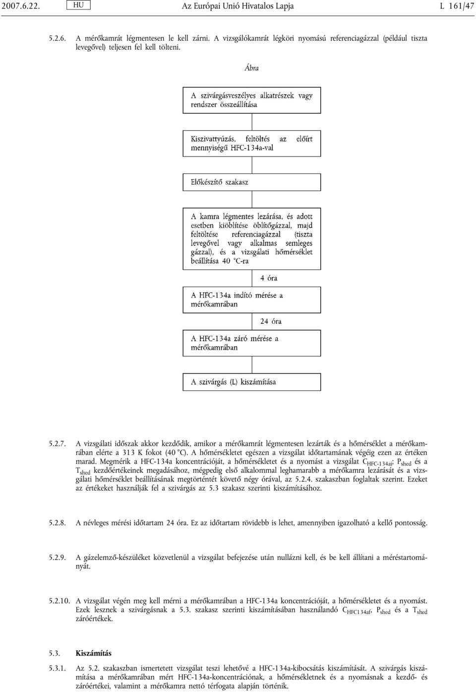 A vizsgálati időszak akkor kezdődik, amikor a mérőkamrát légmentesen lezárták és a hőmérséklet a mérőkamrában elérte a 313 K fokot (40 C).