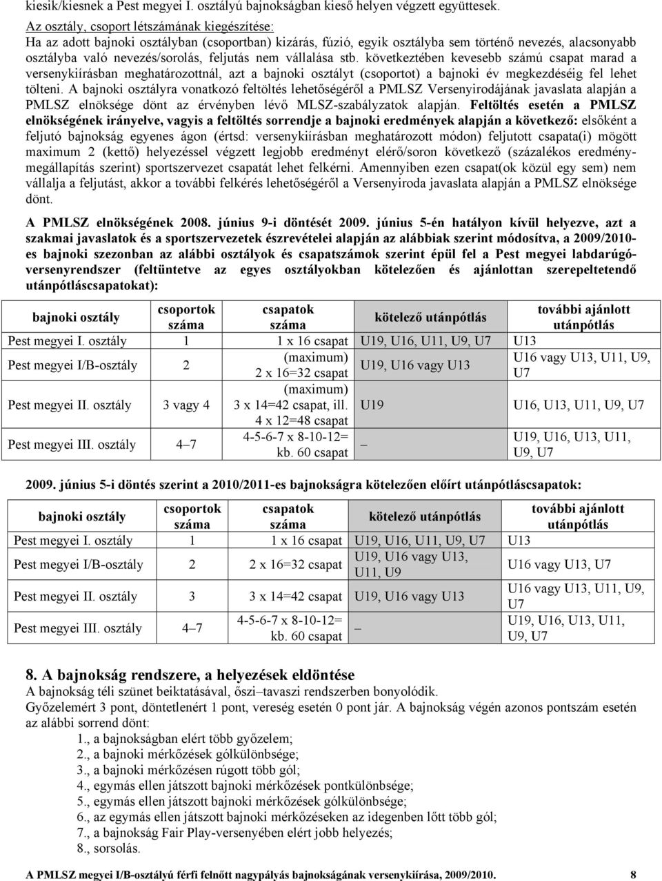 vállalása stb. következtében kevesebb számú csapat marad a versenykiírásban meghatározottnál, azt a bajnoki osztályt (csoportot) a bajnoki év megkezdéséig fel lehet tölteni.