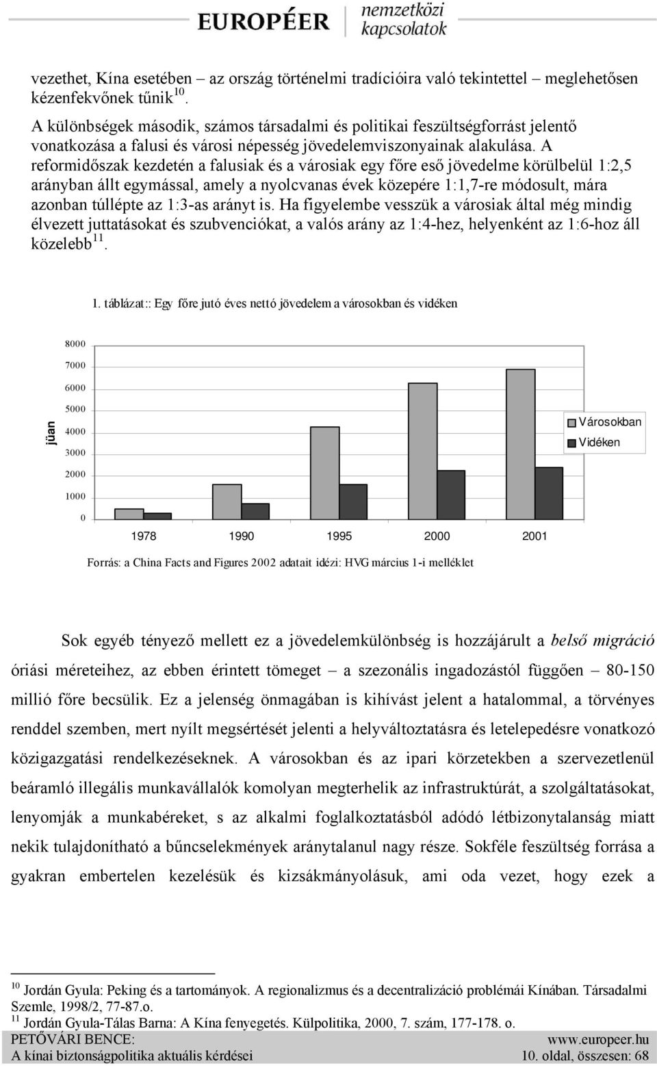 A reformidőszak kezdetén a falusiak és a városiak egy főre eső jövedelme körülbelül 1:2,5 arányban állt egymással, amely a nyolcvanas évek közepére 1:1,7-re módosult, mára azonban túllépte az 1:3-as