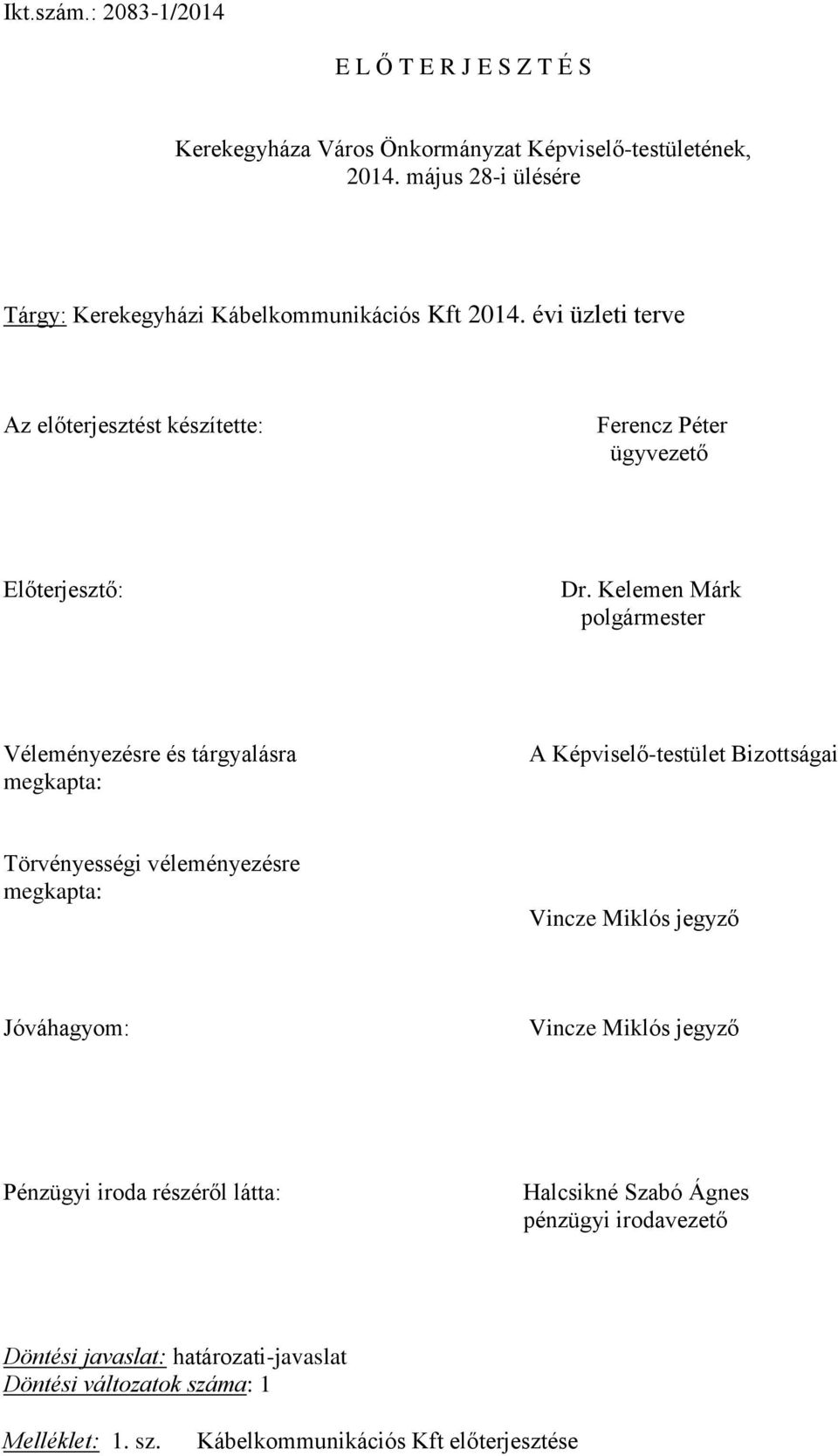 Kelemen Márk polgármester Véleményezésre és tárgyalásra megkapta: A Képviselő-testület Bizottságai Törvényességi véleményezésre megkapta: Vincze Miklós jegyző