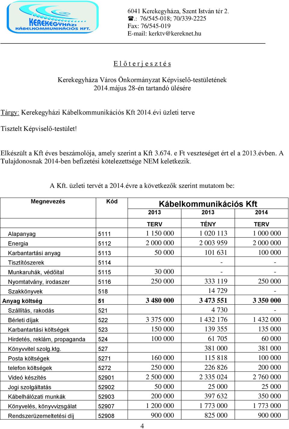 e Ft veszteséget ért el a 2013.évben. A Tulajdonosnak 2014-ben befizetési kötelezettsége NEM keletkezik. A Kft. üzleti tervét a 2014.