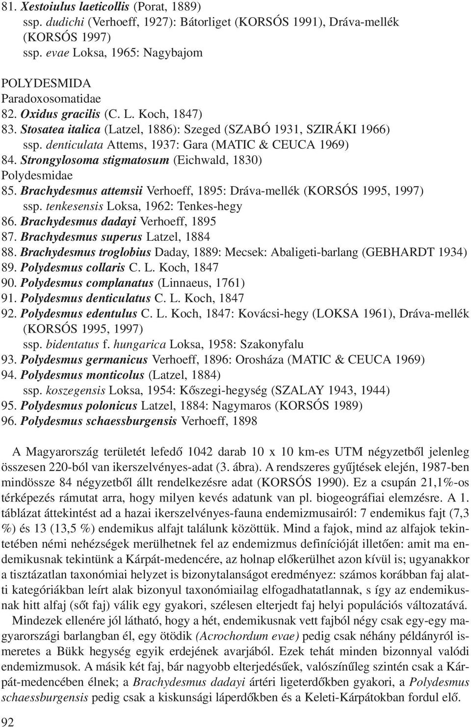 Strongylosoma stigmatosum (Eichwald, 1830) Polydesmidae 85. Brachydesmus attemsii Verhoeff, 1895: Dráva-mellék (KORSÓS 1995, 1997) ssp. tenkesensis Loksa, 1962: Tenkes-hegy 86.