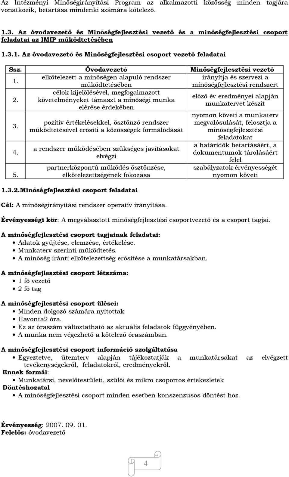 Óvodavezető Minőségfejlesztési vezető 1. elkötelezett a minőségen alapuló rendszer irányítja és szervezi a működtetésében minőségfejlesztési rendszert 2.