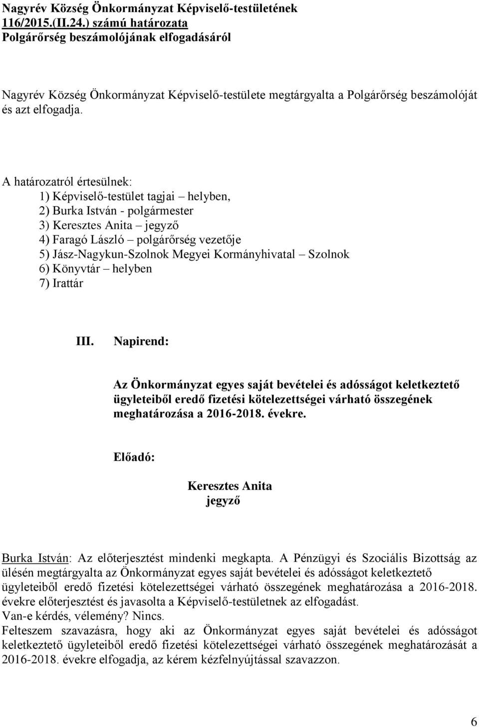 A határozatról értesülnek: 1) Képviselő-testület tagjai helyben, 2) Burka István - polgármester 3) Keresztes Anita jegyző 4) Faragó László polgárőrség vezetője 5) Jász-Nagykun-Szolnok Megyei