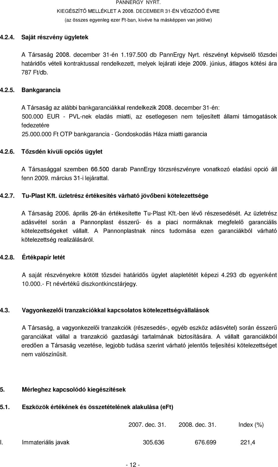 december 31-én: 500.000 EUR - PVL-nek eladás miatti, az esetlegesen nem teljesített állami támogatások fedezetére 25.000.000 Ft OTP bankgarancia - Gondoskodás Háza miatti garancia 4.2.6.