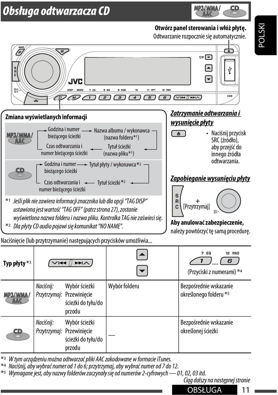 Zapobieganie wysunięciu płyty * 1 Jeśli plik nie zawiera informacji znacznika lub dla opcji TAG DISP ustawiona jest wartość TAG OFF (patrz strona 27), zostanie wyświetlona nazwa folderu i nazwa pliku.