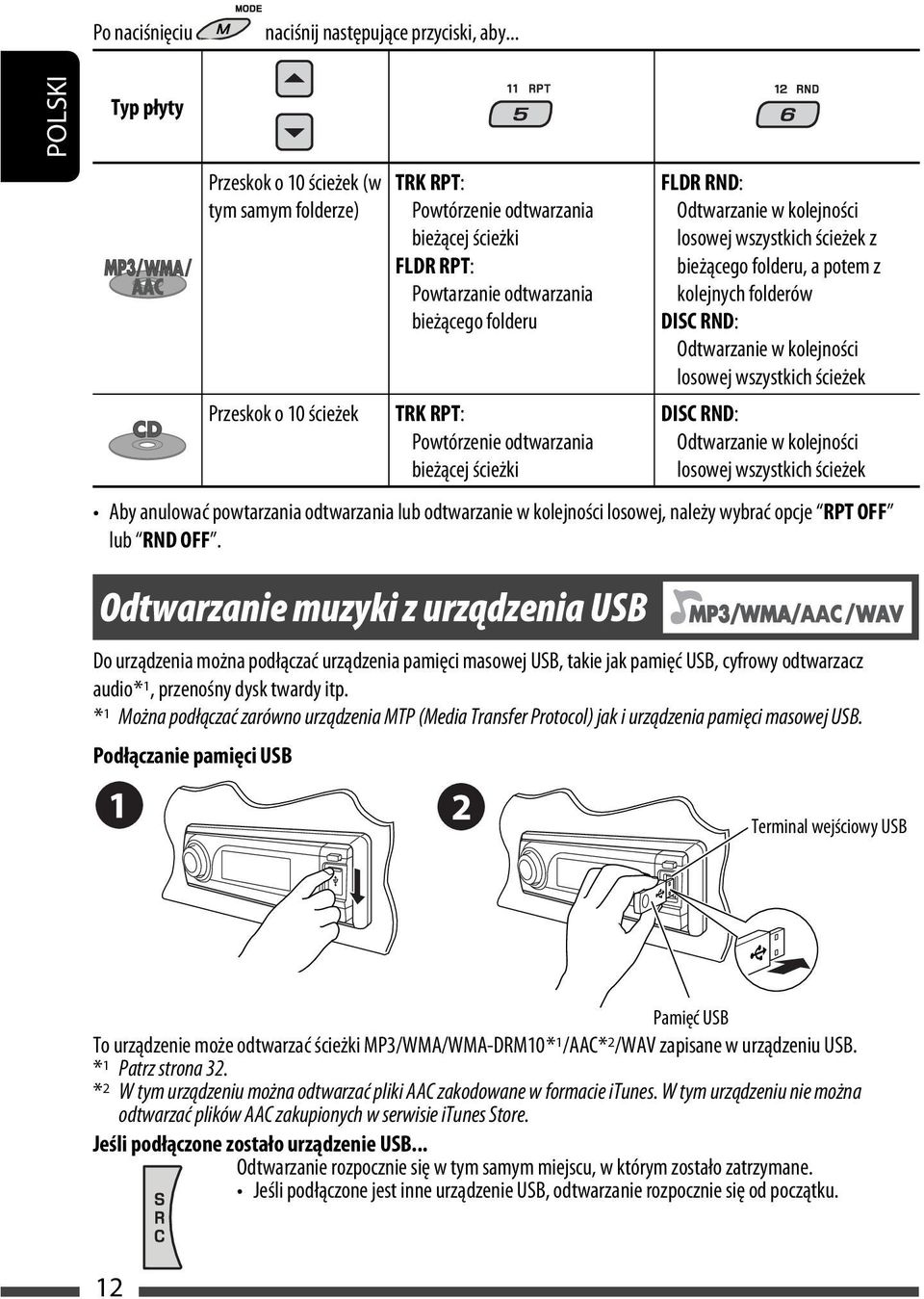 Powtórzenie odtwarzania bieżącej ścieżki FLDR RND: Odtwarzanie w kolejności losowej wszystkich ścieżek z bieżącego folderu, a potem z kolejnych folderów DISC RND: Odtwarzanie w kolejności losowej