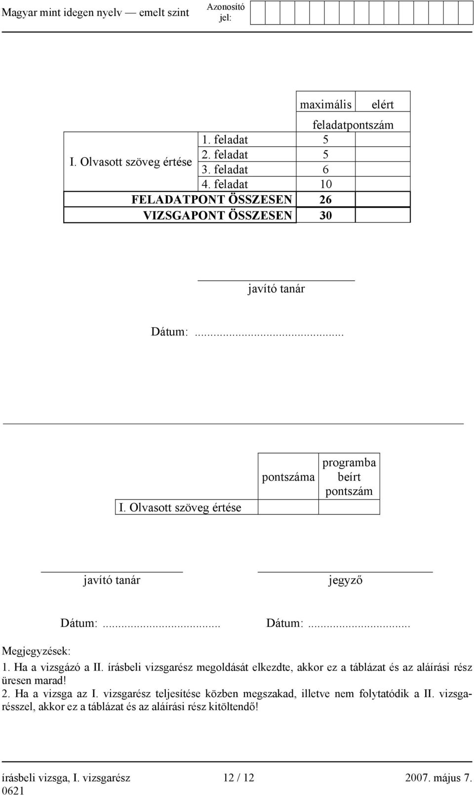 Olvasott szöveg értése pontszáma programba beírt pontszám javító tanár jegyző Dátum:... Dátum:... Megjegyzések: 1. Ha a vizsgázó a II.