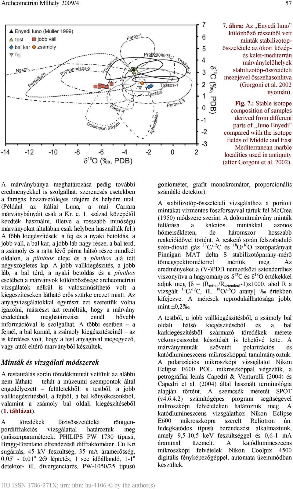 : Stable isotope composition of samples derived from different parts of Juno Enyedi compared with the isotope fields of Middle and East Mediterranean marble localities used in antiquity (after