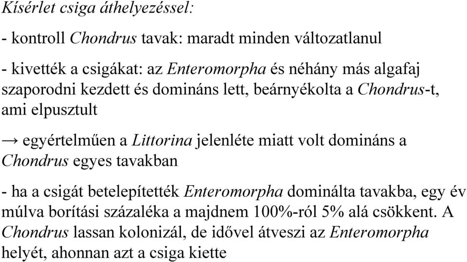miatt volt domináns a Chondrus egyes tavakban - ha a csigát betelepítették Enteromorpha dominálta tavakba, egy év múlva borítási