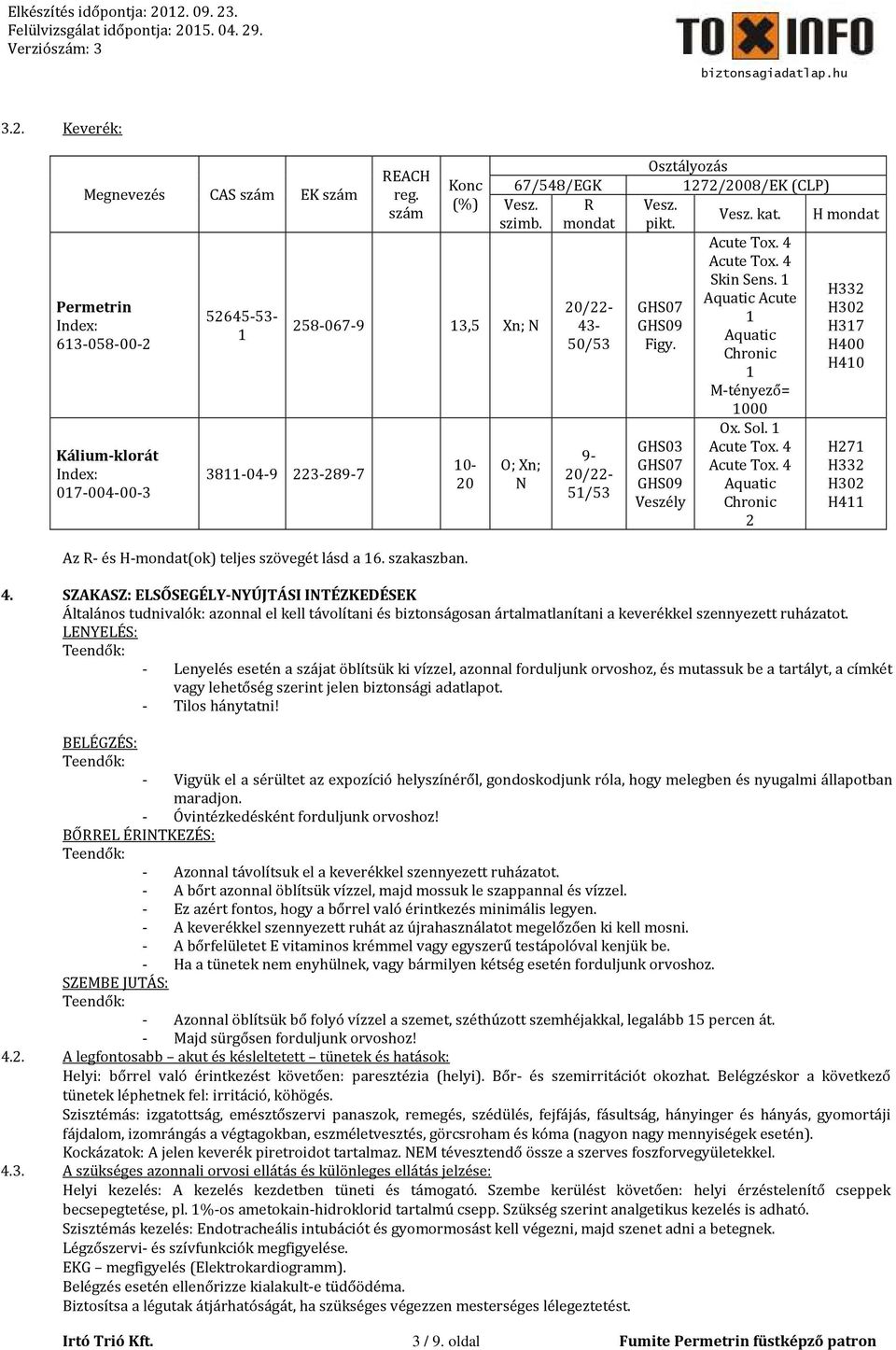 4 Skin Sens. 1 Aquatic Acute 1 Aquatic Chronic 1 M-tényező= 1000 Ox. Sol. 1 Acute Tox. 4 Acute Tox.