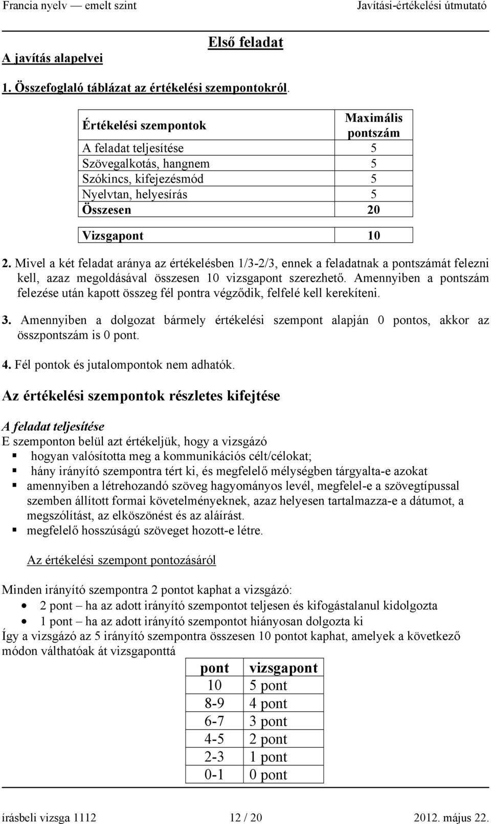 Mivel a két feladat aránya az értékelésben 1/3-2/3, ennek a feladatnak a pontszámát felezni kell, azaz megoldásával összesen 10 vizsgapont szerezhető.