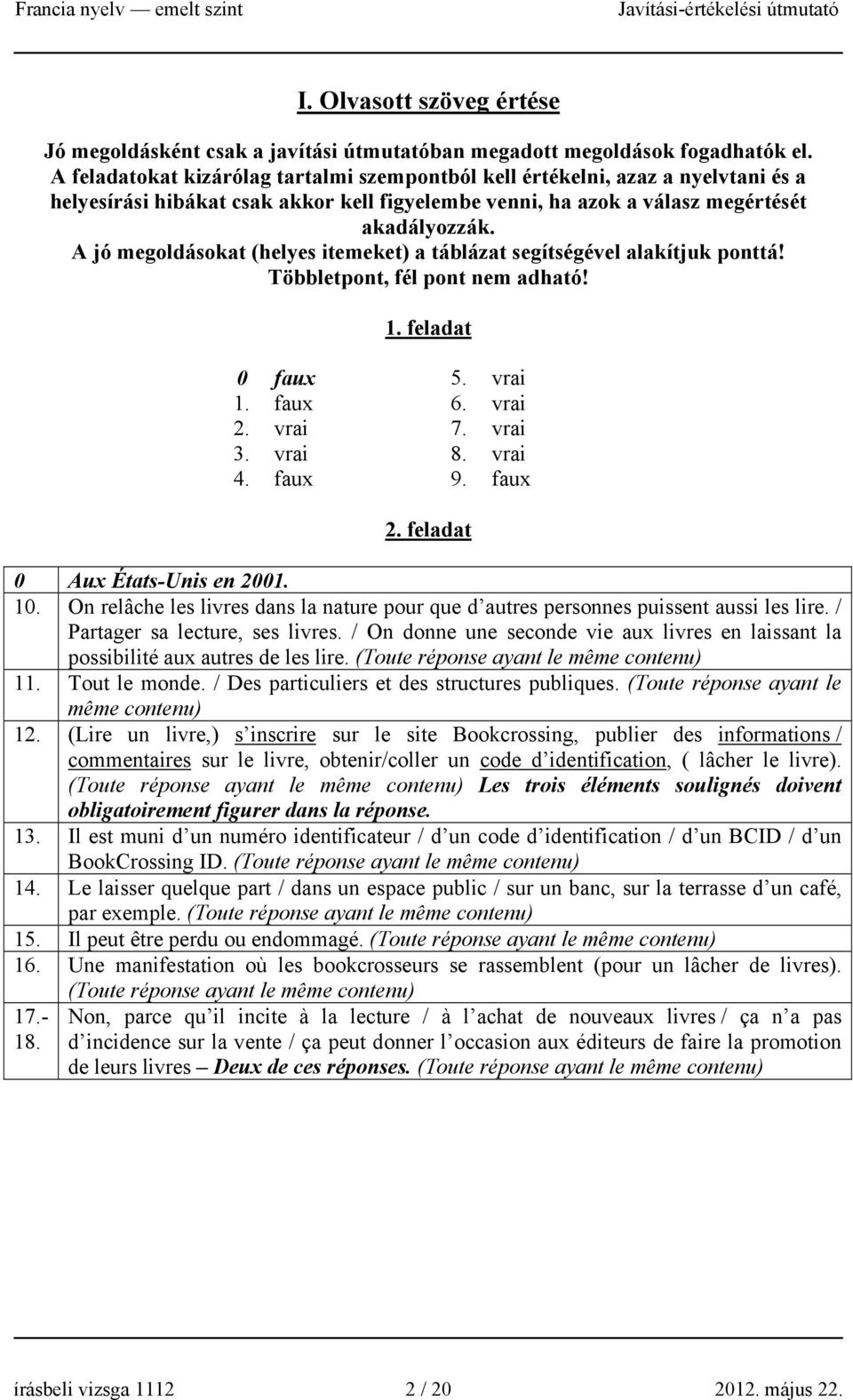 A jó megoldásokat (helyes itemeket) a táblázat segítségével alakítjuk ponttá! Többletpont, fél pont nem adható! 1. feladat 0 faux 5. vrai 1. faux 6. vrai 2. vrai 7. vrai 3. vrai 8. vrai 4. faux 9.