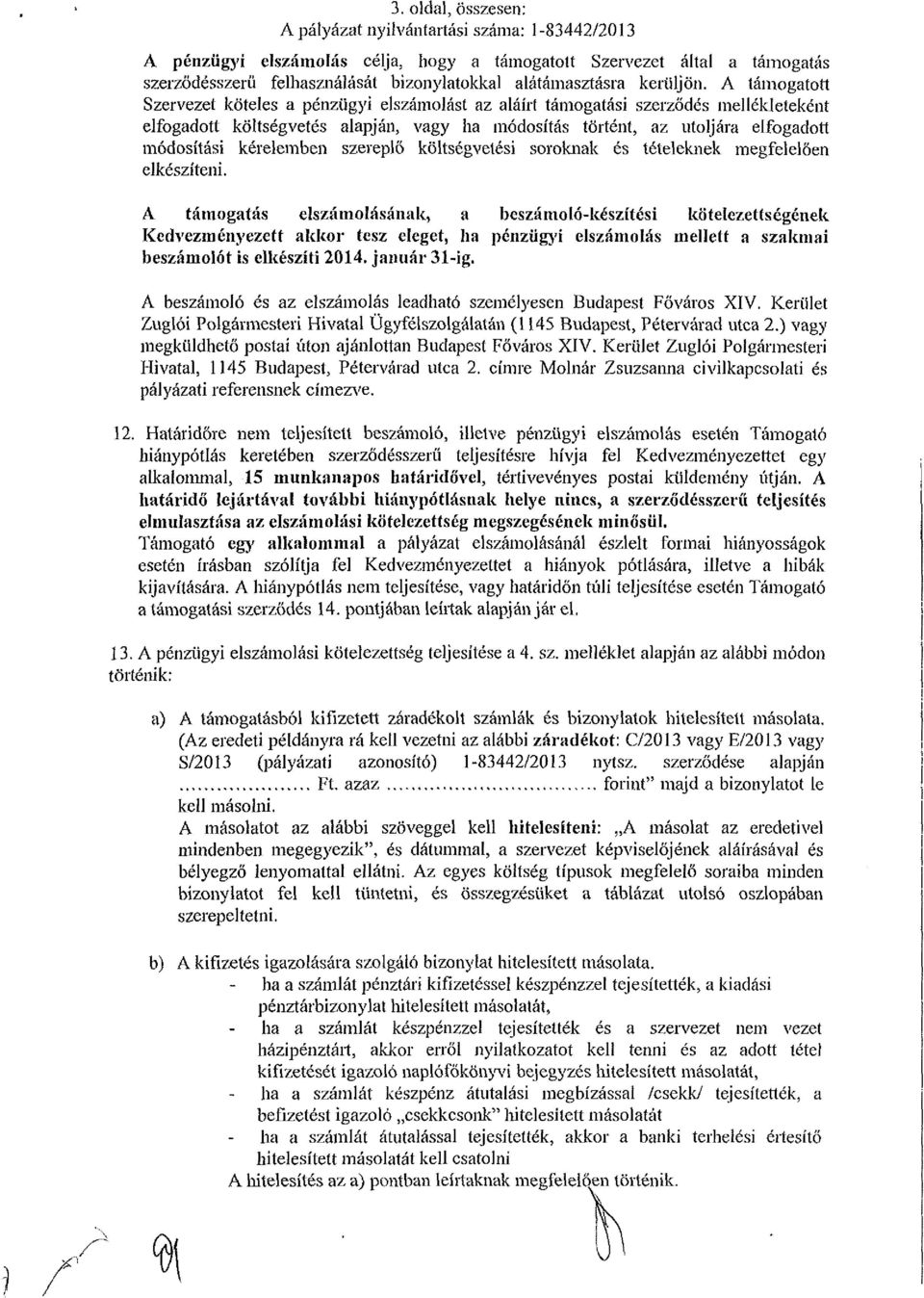 A támogatott Szervezet köteles a pénzügyi elszámolást az aláírt támogatási szerződés mellékleteként elfogadott költségvetés alapján, vagy ha módosítás történt, az utoljára elfogadott módosítási