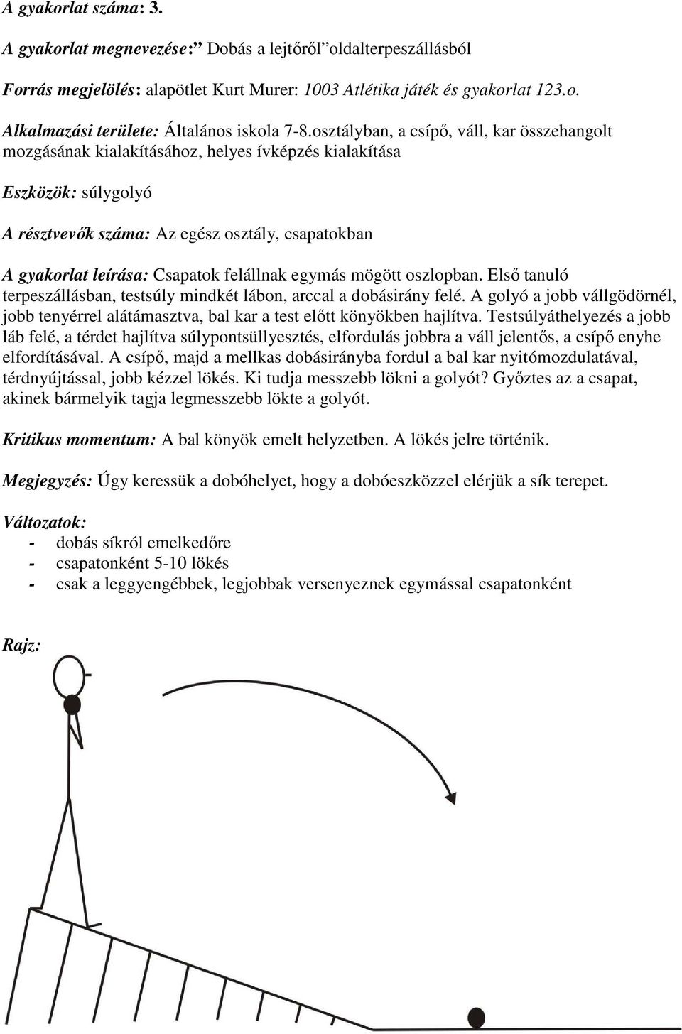 felállnak egymás mögött oszlopban. Első tanuló terpeszállásban, testsúly mindkét lábon, arccal a dobásirány felé.