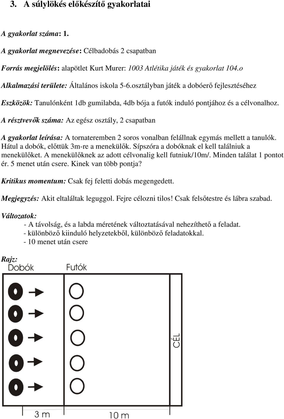 A résztvevők száma: Az egész osztály, 2 csapatban A gyakorlat leírása: A tornateremben 2 soros vonalban felállnak egymás mellett a tanulók. Hátul a dobók, előttük 3m-re a menekülők.