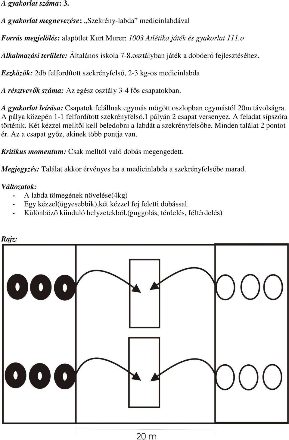 Eszközök: 2db felfordított szekrényfelső, 2-3 kg-os medicinlabda A résztvevők száma: Az egész osztály 3-4 fős csapatokban.