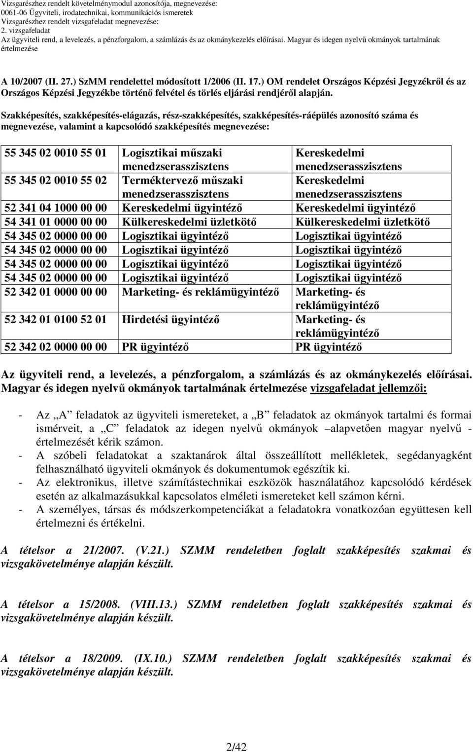 mőszaki menedzserasszisztens Kereskedelmi menedzserasszisztens 55 345 02 00 55 02 Terméktervezı mőszaki menedzserasszisztens Kereskedelmi menedzserasszisztens 52 341 04 00 00 00 Kereskedelmi