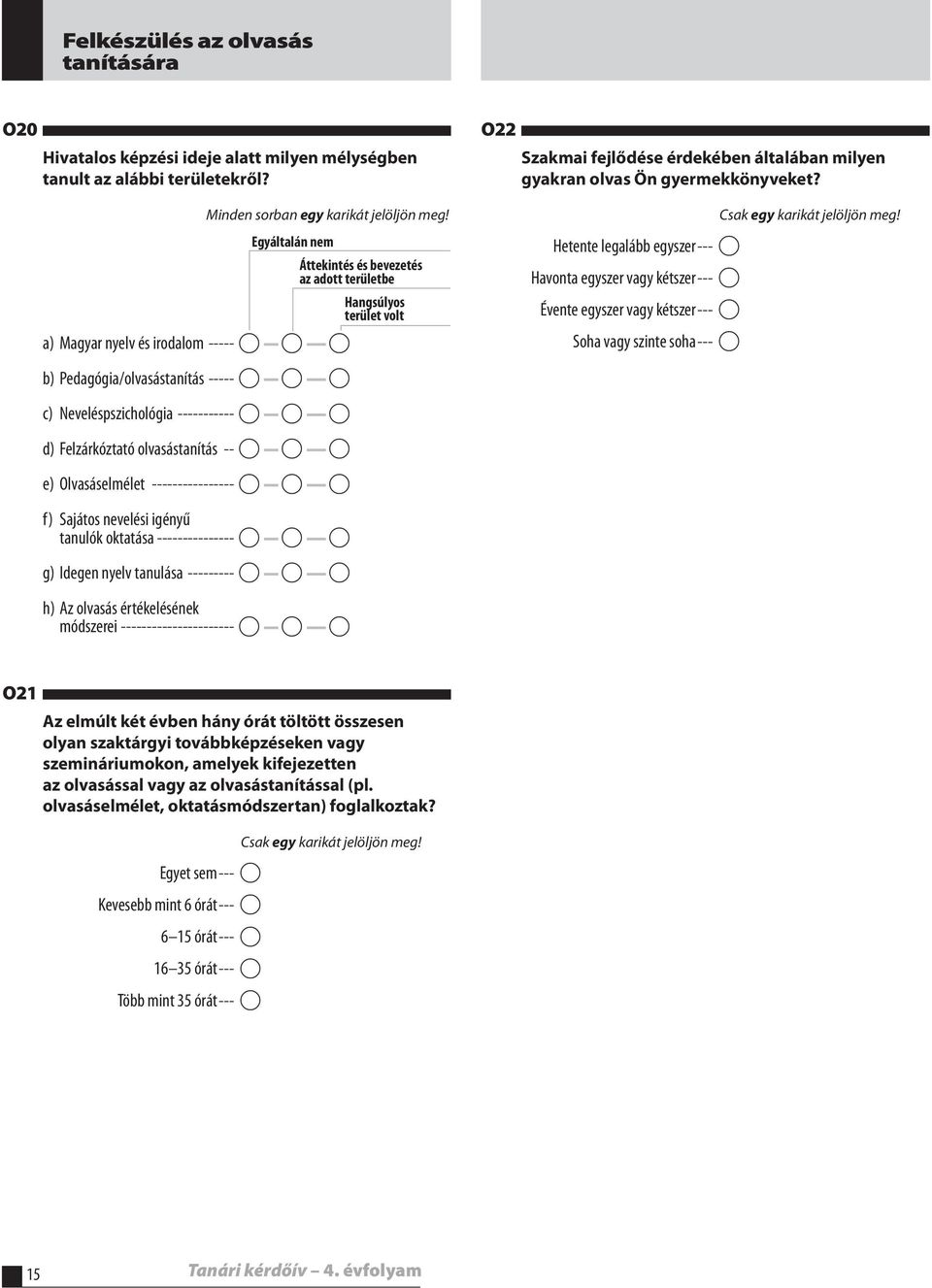 A A d) Felzárkóztató olvasástanítás -- A A A e) Olvasáselmélet ---------------- A A A O22 Szakmai fejlődése érdekében általában milyen gyakran olvas Ön gyermekkönyveket?