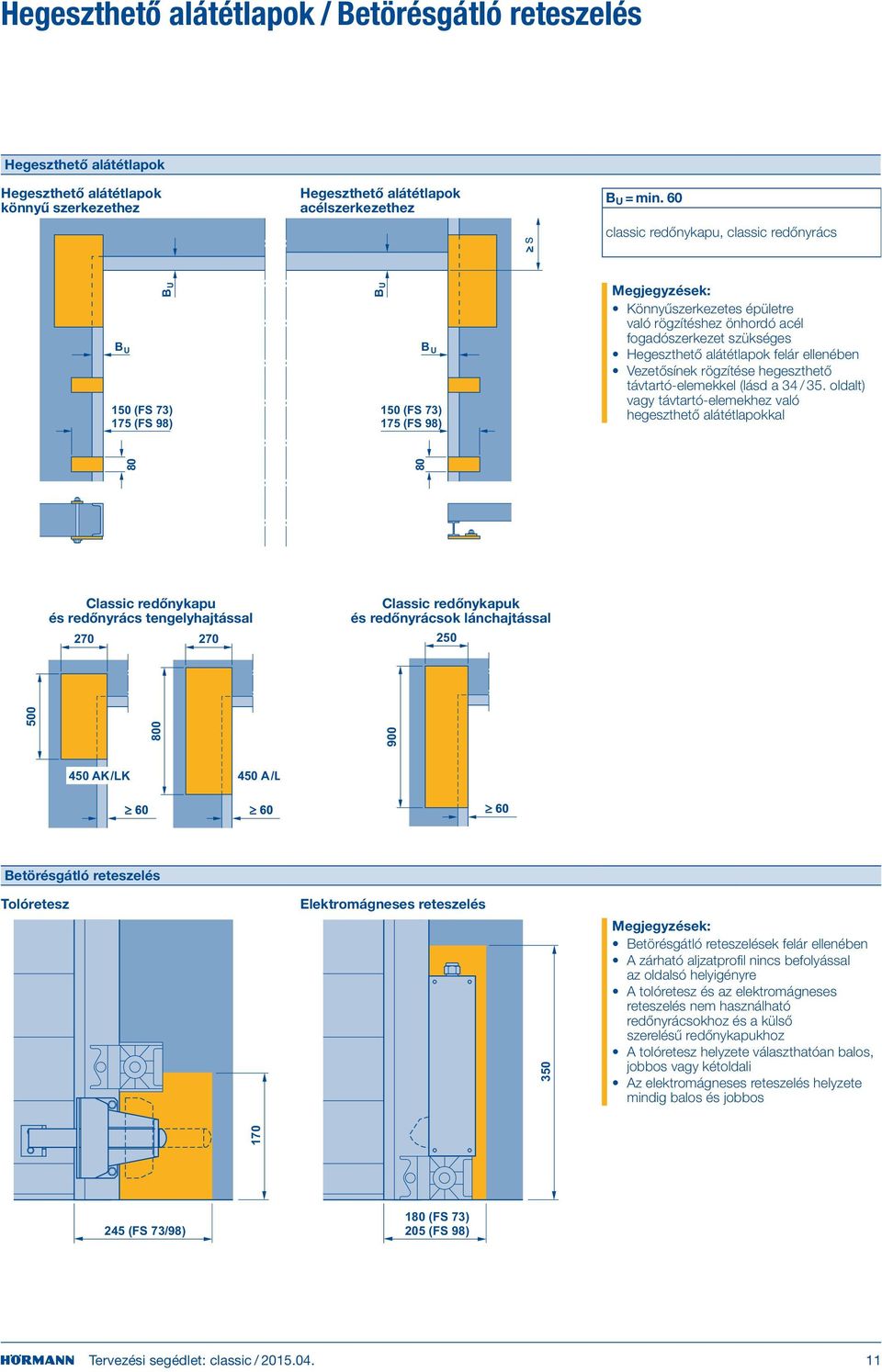 szükséges Hegeszthető alátétlapok felár ellenében Vezetősínek rögzítése hegeszthető távtartó-elemekkel (lásd a 34 / 35.