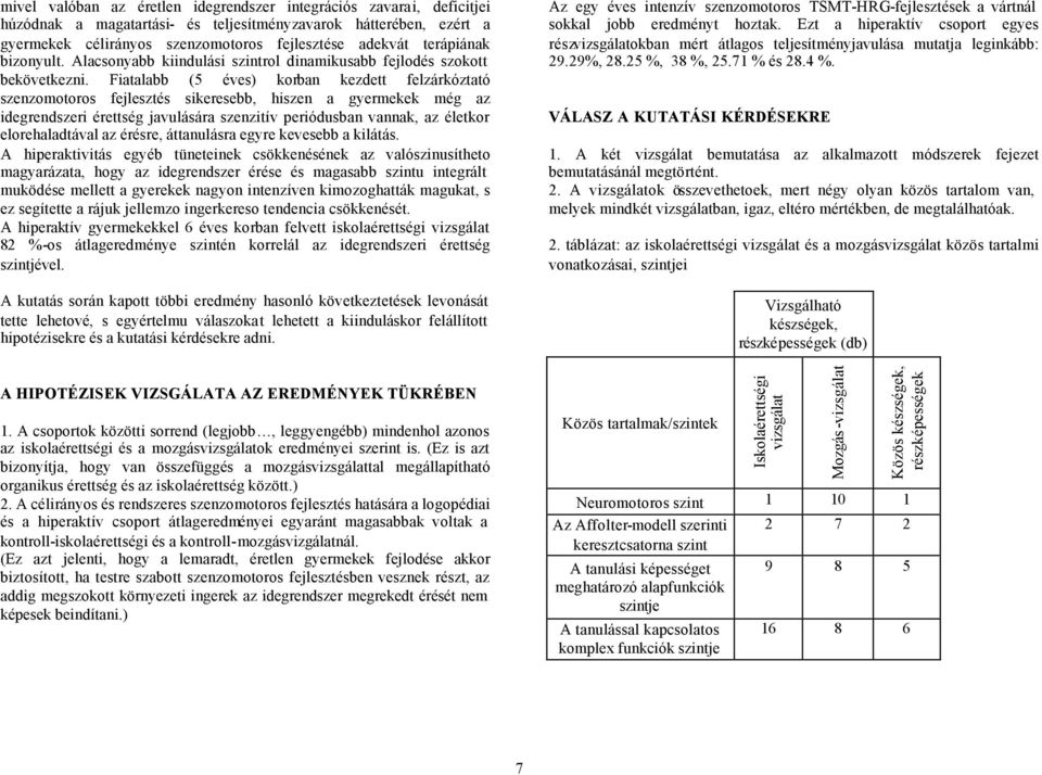 Fiatalabb (5 éves) korban kezdett felzárkóztató szenzomotoros fejlesztés sikeresebb, hiszen a gyermekek még az idegrendszeri érettség javulására szenzitív periódusban vannak, az életkor