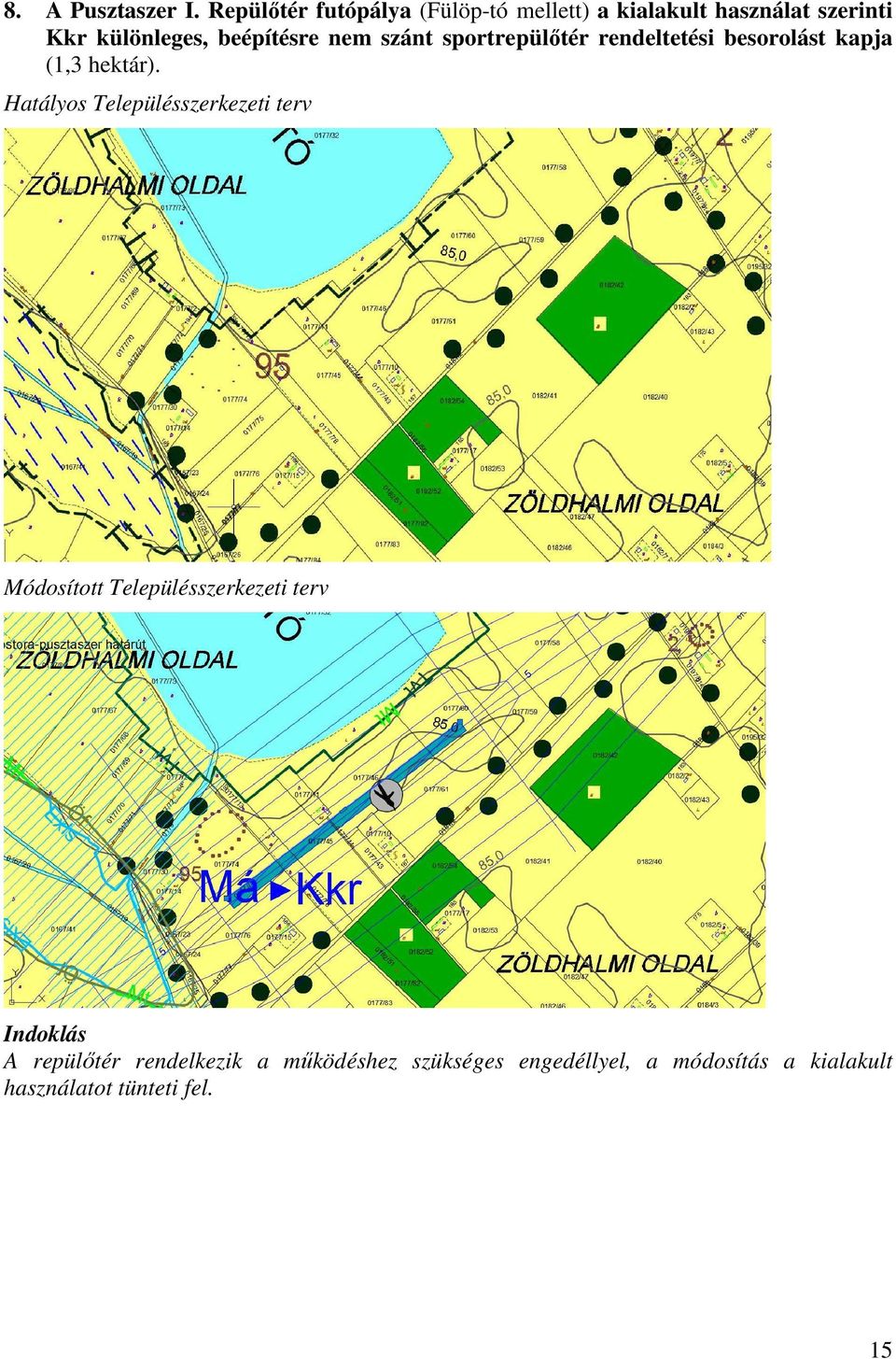 beépítésre nem szánt sportrepülőtér rendeltetési besorolást kapja (1,3 hektár).